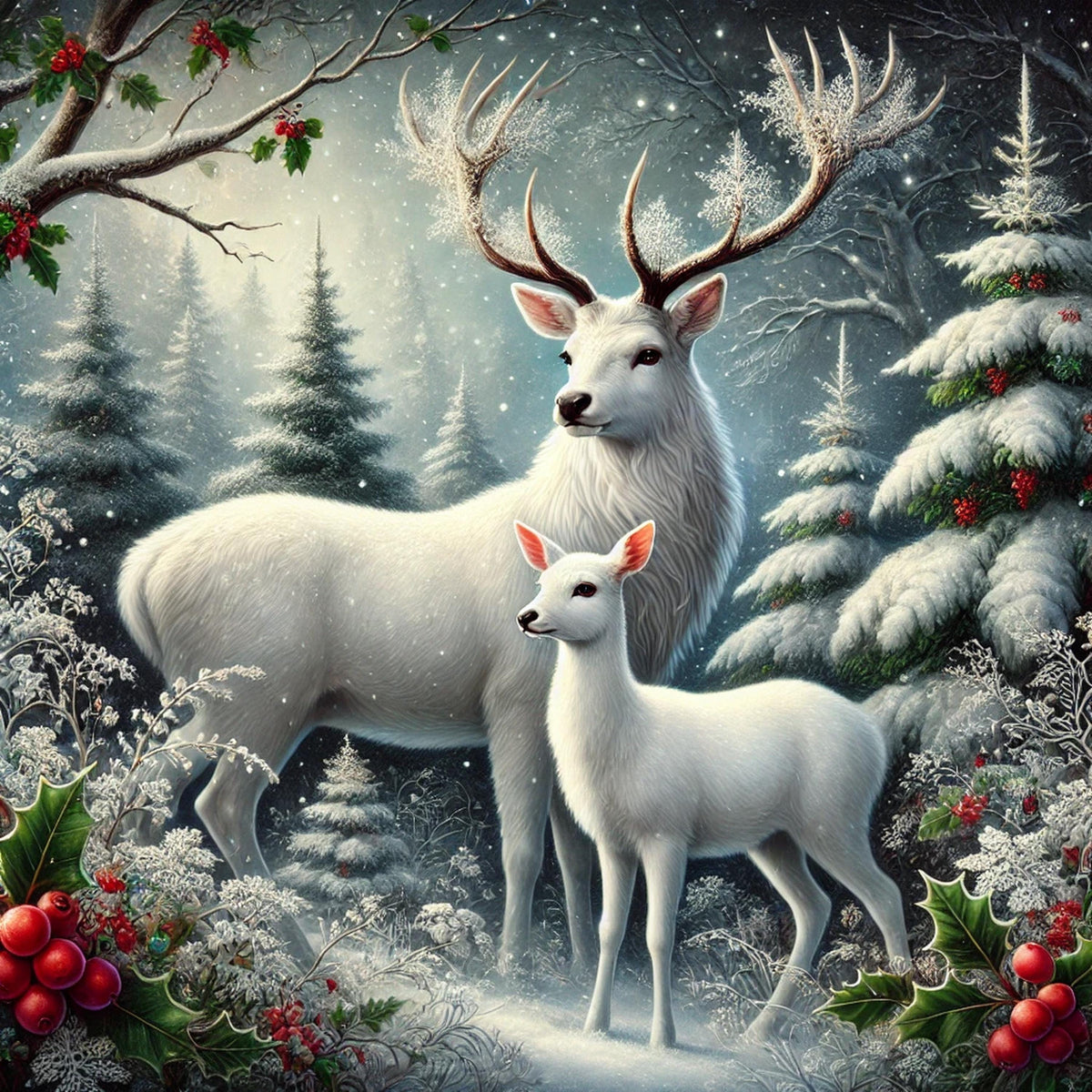 Christmas Winter White Stag and Fawn Print: Snowy Forest Holiday Decor (Digital Download)