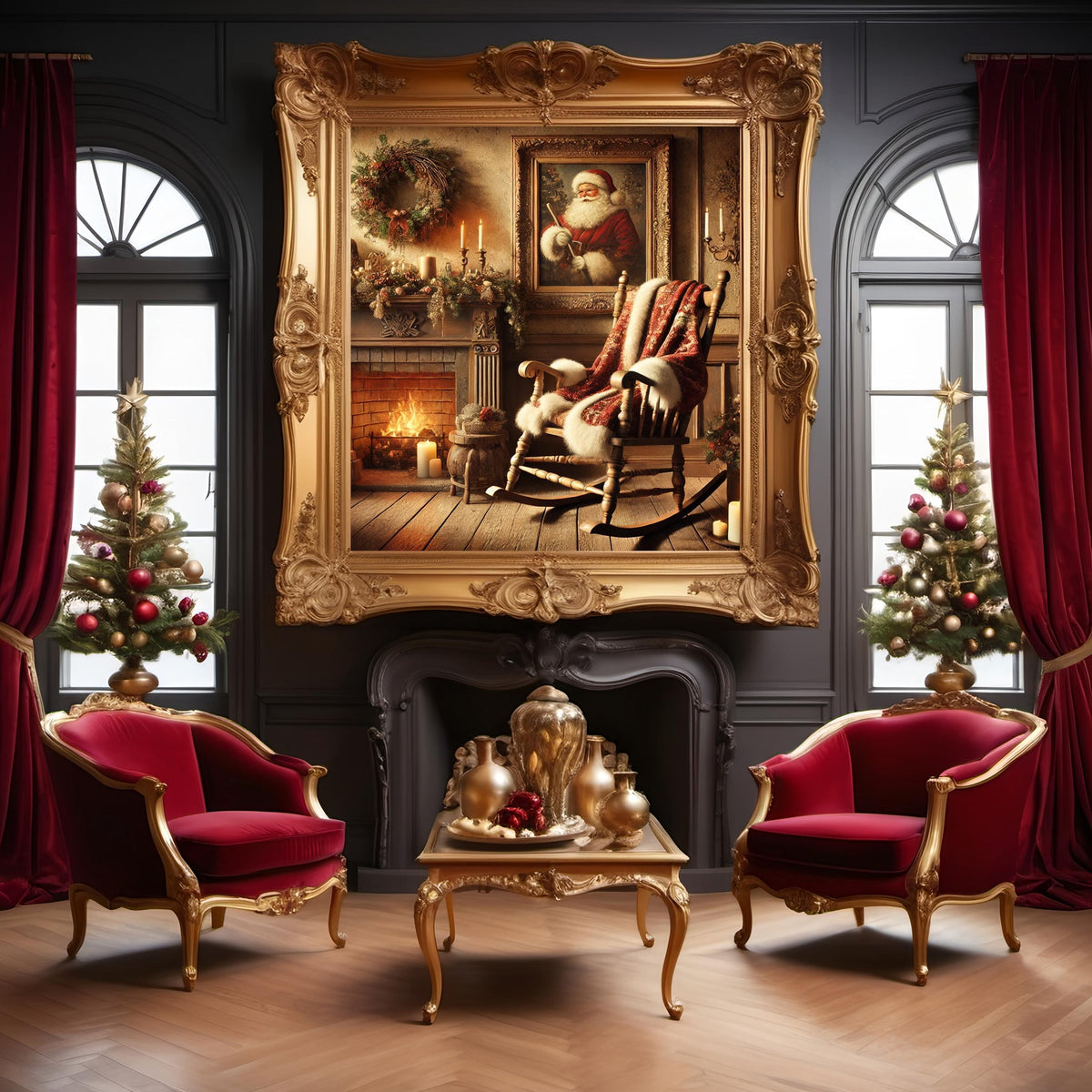 Victorian Christmas Print: Santa's Rocking Chair, Cozy Fireplace (Digital Download)