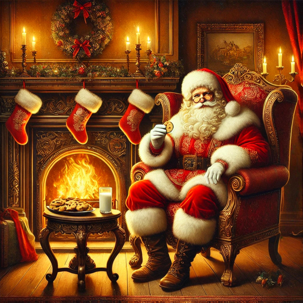 Victorian Santa Art Print: Cozy Christmas Fireplace Scene (Digital Download)