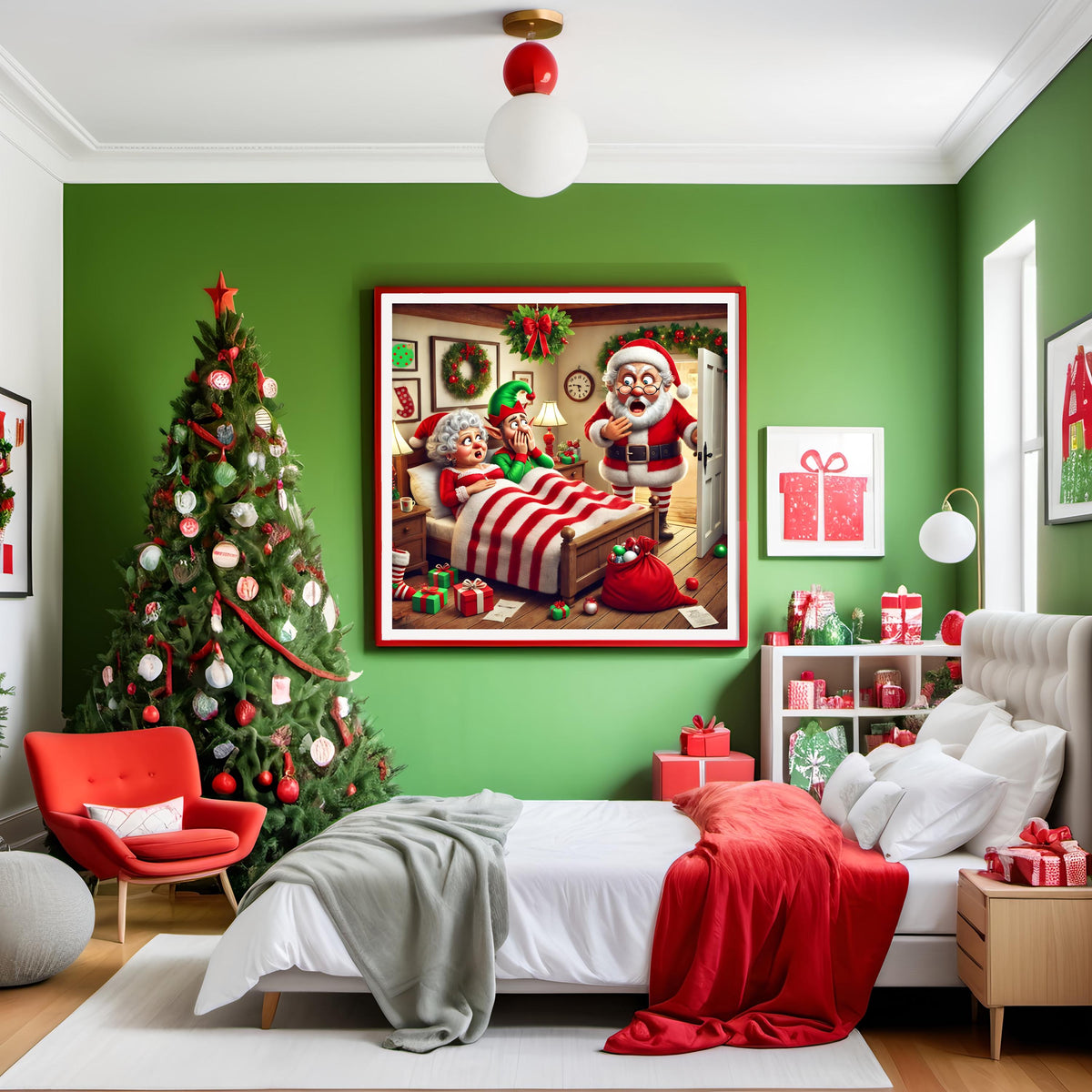 Funny Christmas Art: Santa Catches Mrs. Claus with Elf (Digital Download)