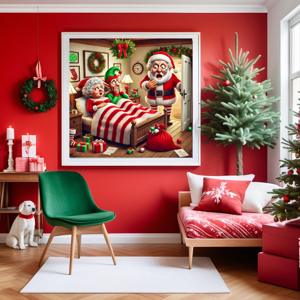 Funny Christmas Art: Santa Catches Mrs. Claus with Elf (Digital Download)