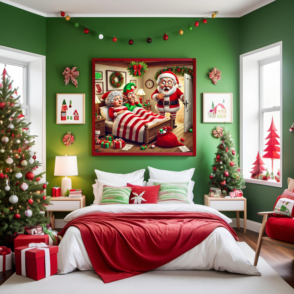 Funny Christmas Art: Santa Catches Mrs. Claus with Elf (Digital Download)