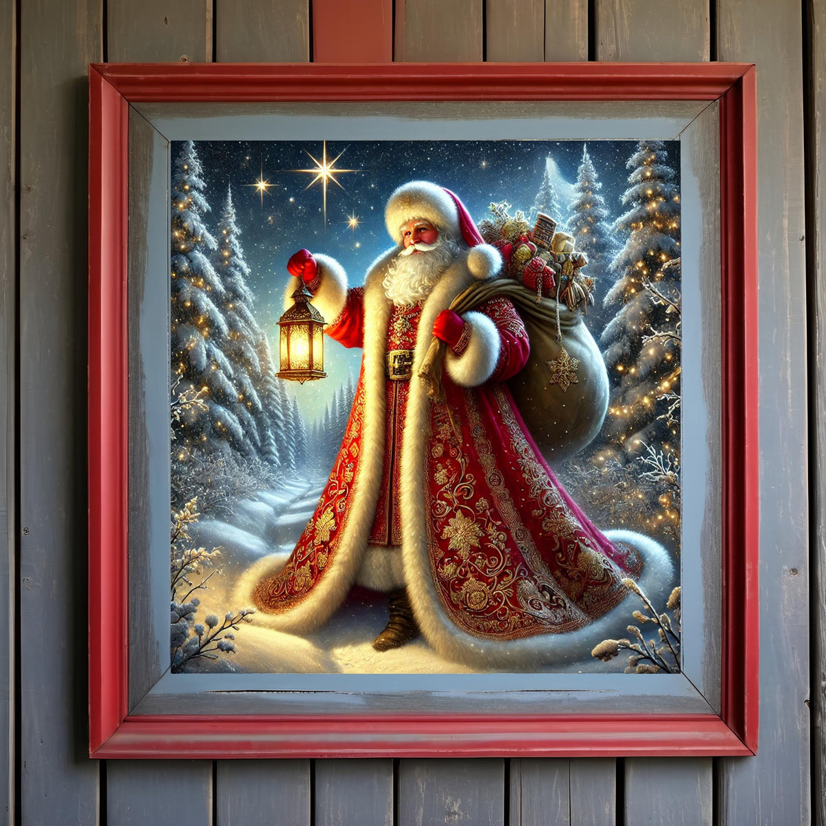 Santa With Lantern Art: Snowy Forest Christmas Decor (Digital Download)
