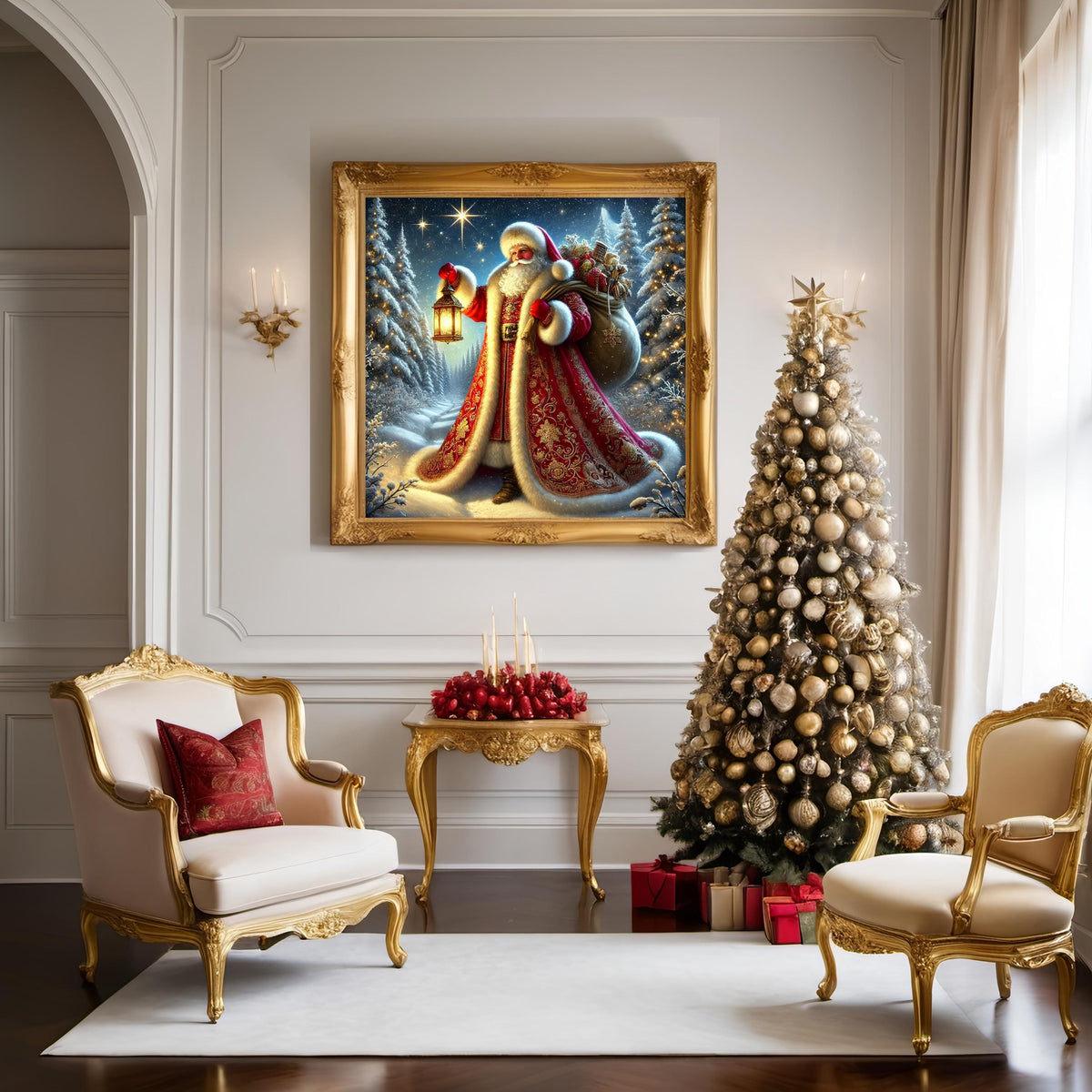 Santa With Lantern Art: Snowy Forest Christmas Decor (Digital Download)