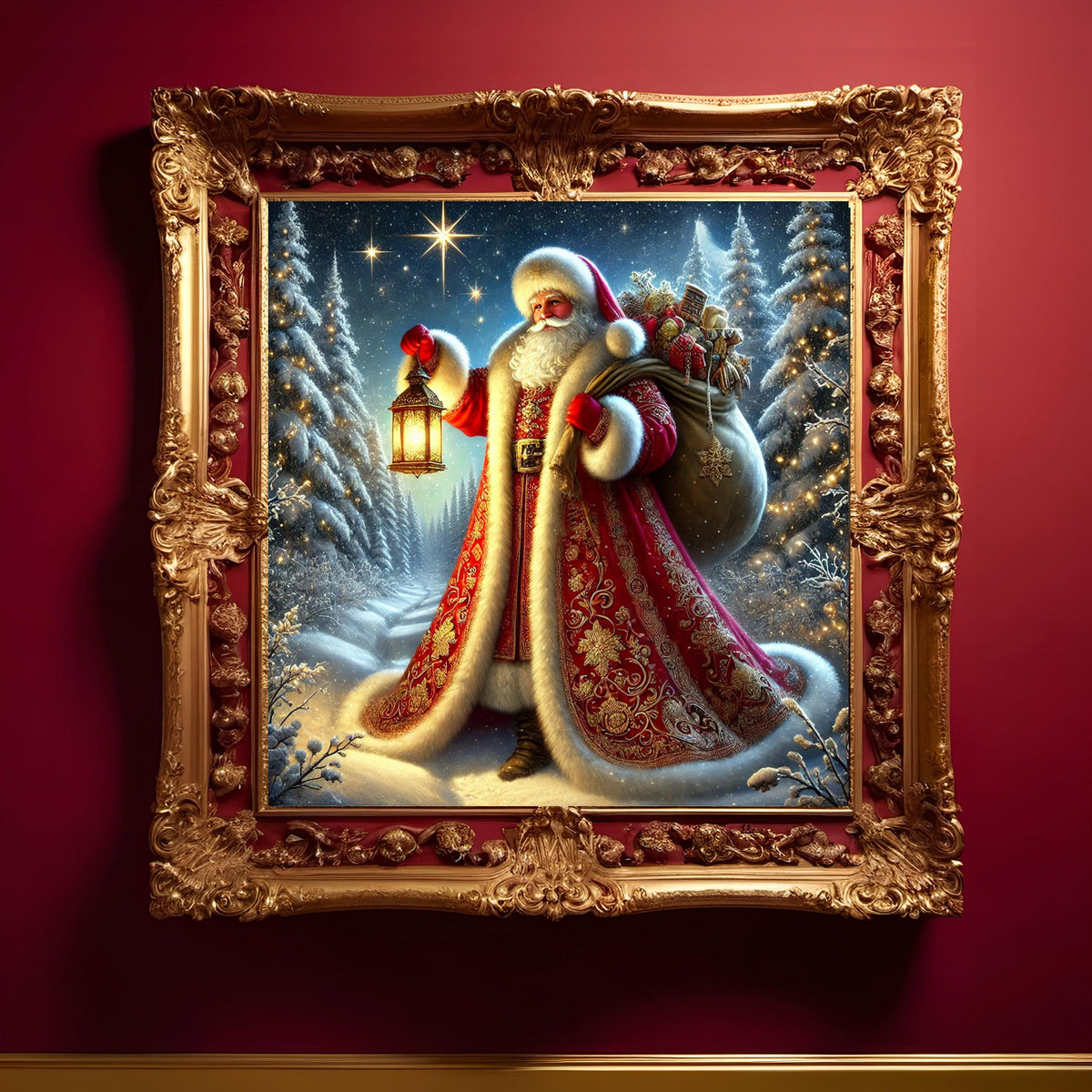 Santa With Lantern Art: Snowy Forest Christmas Decor (Digital Download)