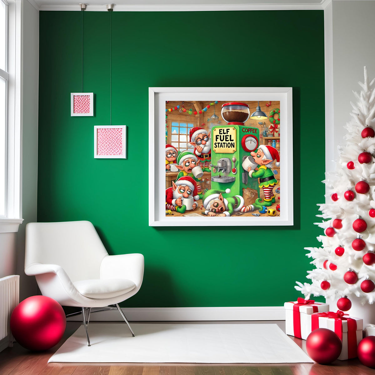 Funny Christmas Elf Fuel Station Art Print: Holiday Coffee Bar Decor (Digital Download)