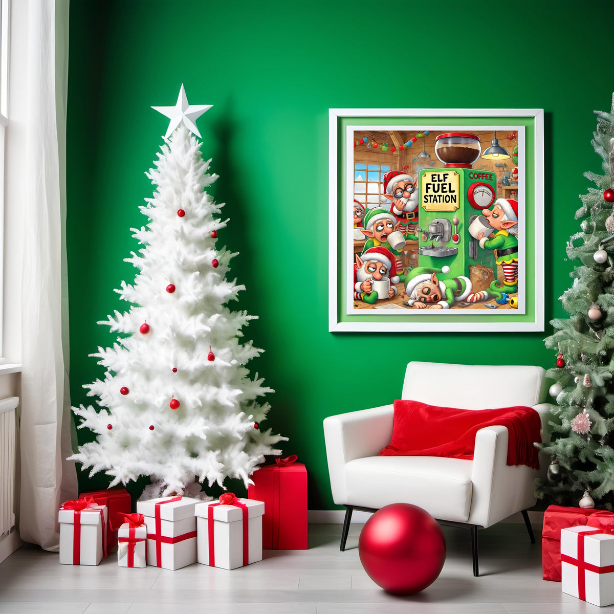 Funny Christmas Elf Fuel Station Art Print: Holiday Coffee Bar Decor (Digital Download)
