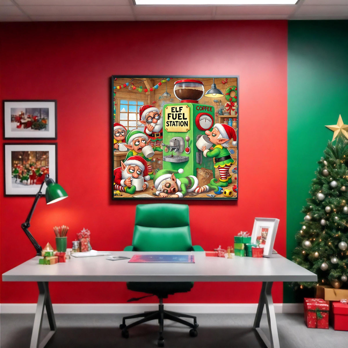 Funny Christmas Elf Fuel Station Art Print: Holiday Coffee Bar Decor (Digital Download)