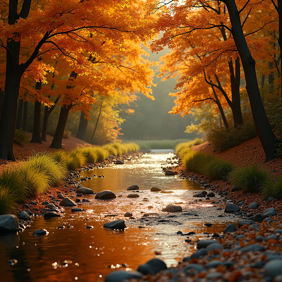 Autumn Brook Landscape Art: Tranquil Fall Nature Scene (Digital Download)