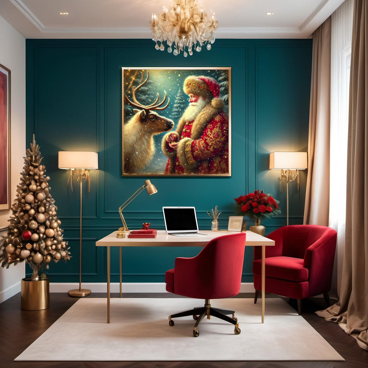 Vintage Santa and Reindeer Art: Christmas Wall Decor (Digital Download)