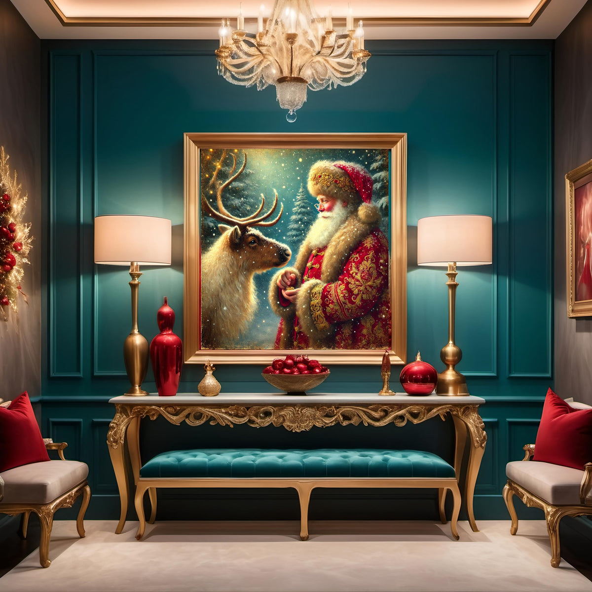 Vintage Santa and Reindeer Art: Christmas Wall Decor (Digital Download)