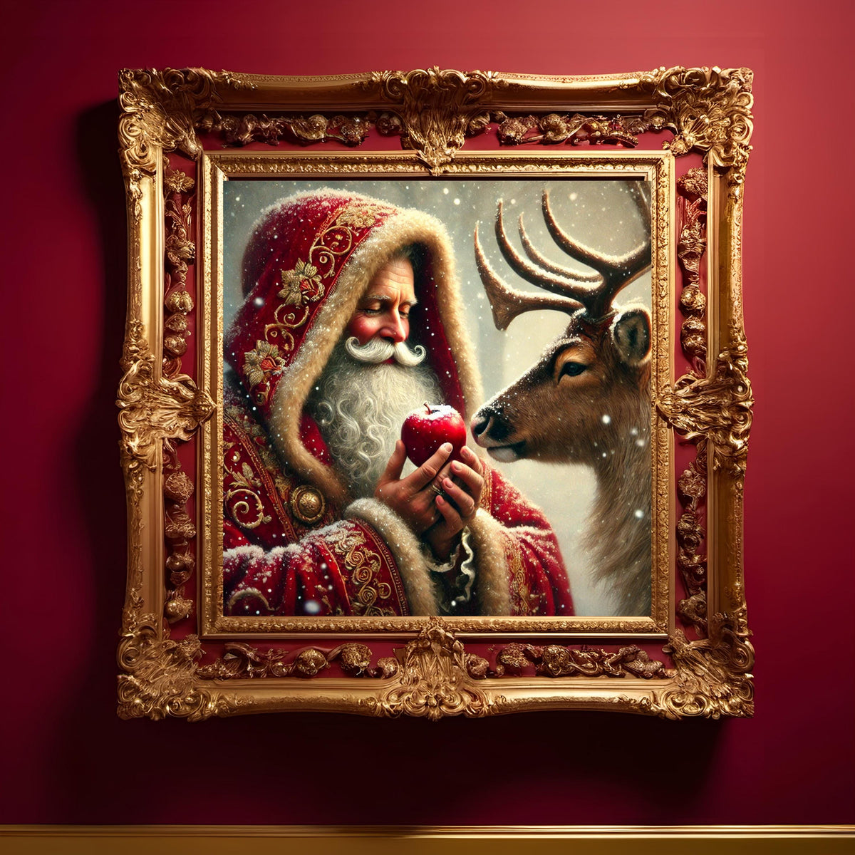 Santa Feeding Reindeer Vintage Christmas Art (Digital Download)