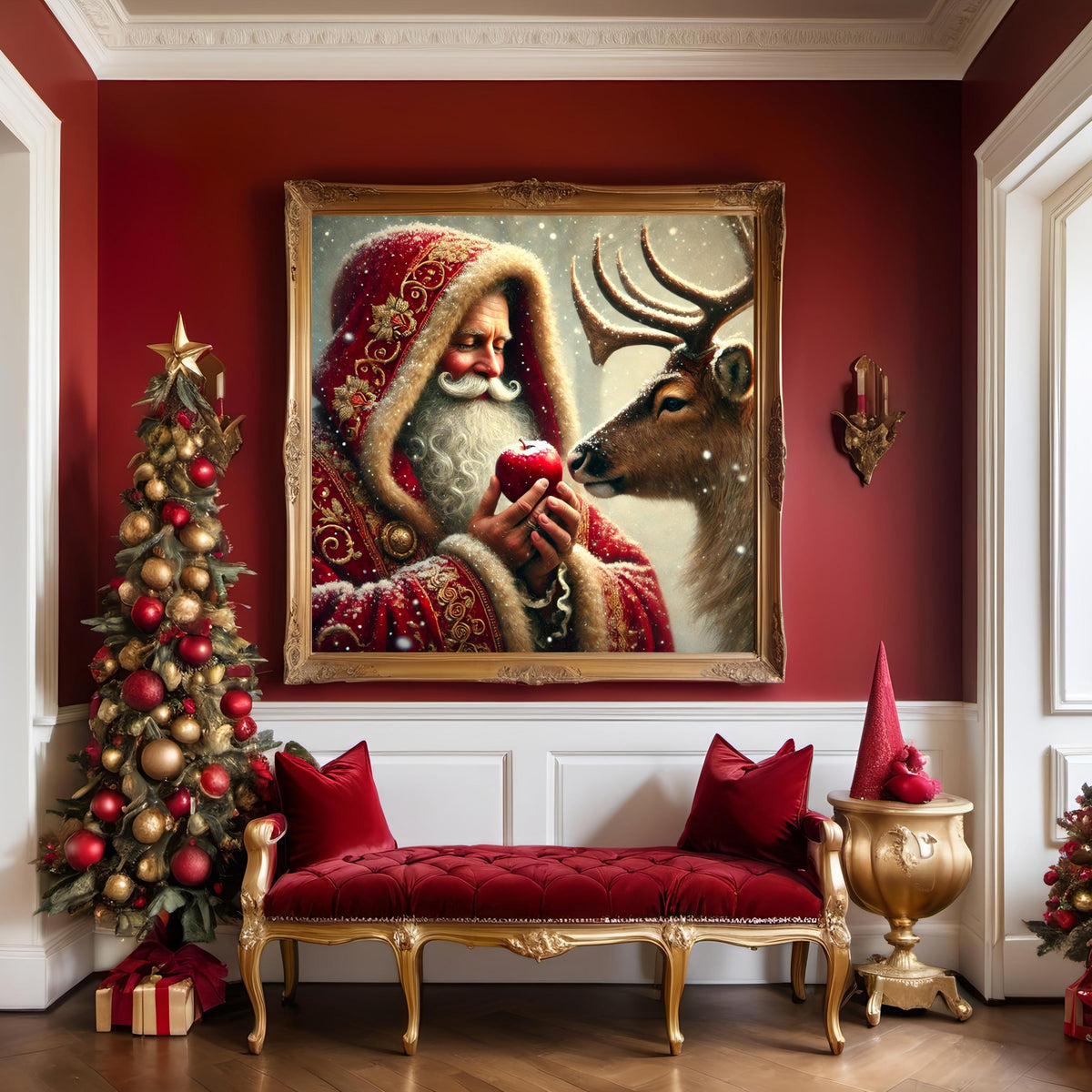 Santa Feeding Reindeer Vintage Christmas Art (Digital Download)
