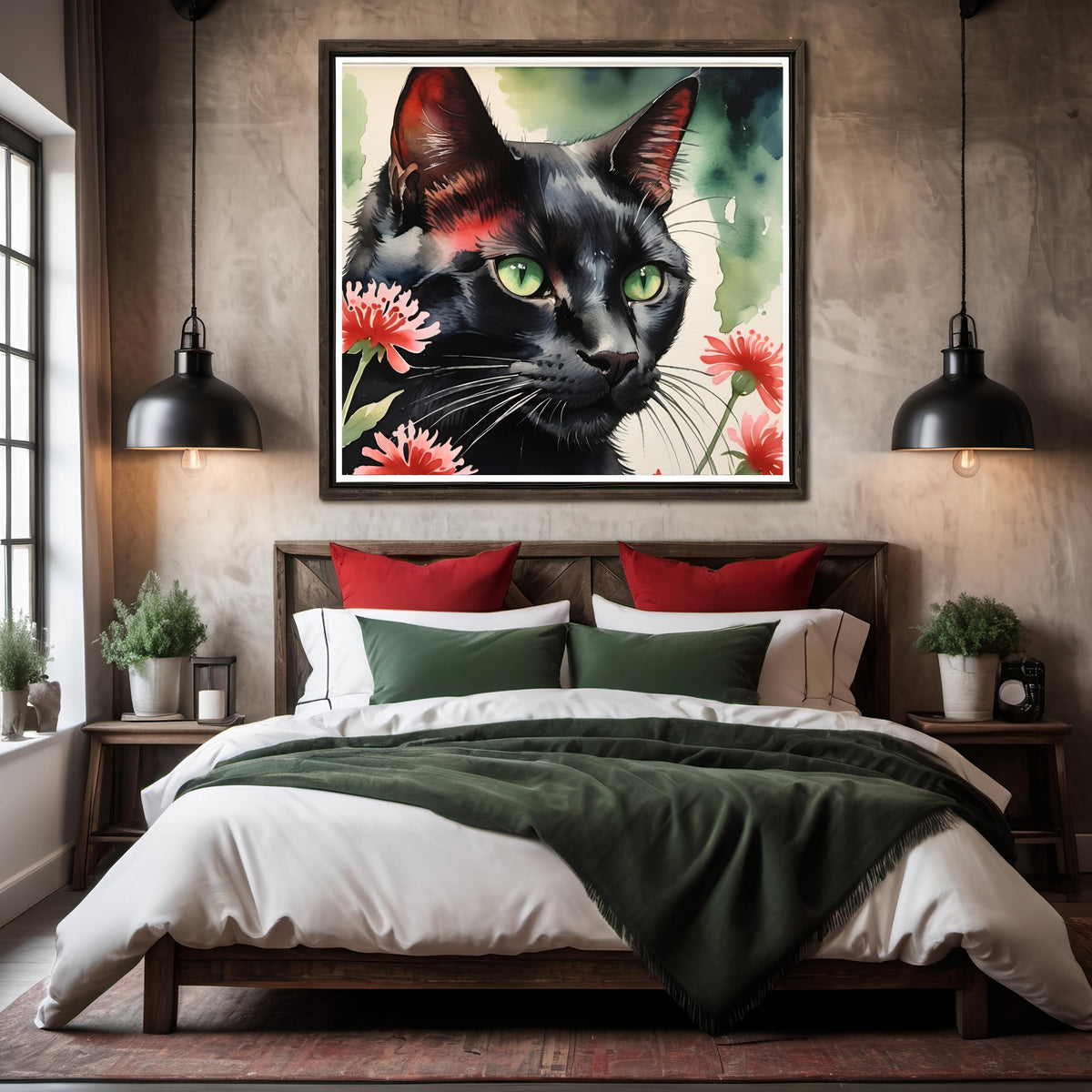 Black Cat Green Eyes Floral Print: Watercolor Pet Wall Art (Digital Download)