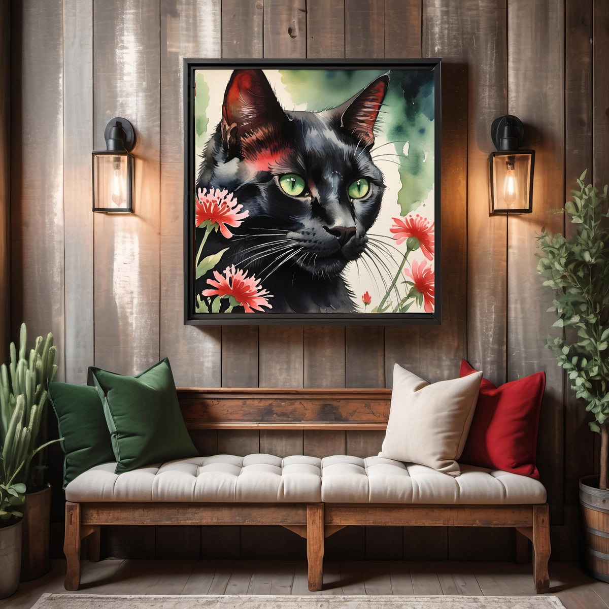 Black Cat Green Eyes Floral Print: Watercolor Pet Wall Art (Digital Download)