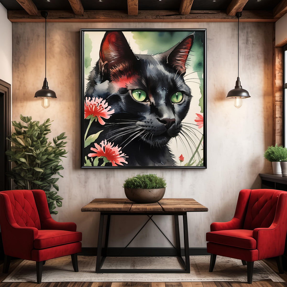 Black Cat Green Eyes Floral Print: Watercolor Pet Wall Art (Digital Download)