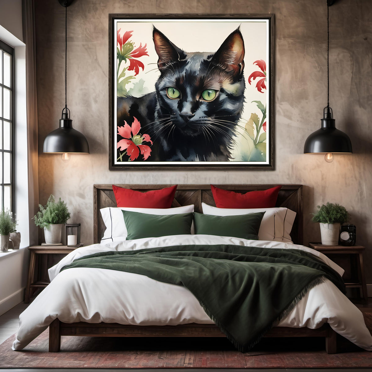 Black Cat Watercolor Print: Green Eyes, Floral Wall Art (Digital Download)
