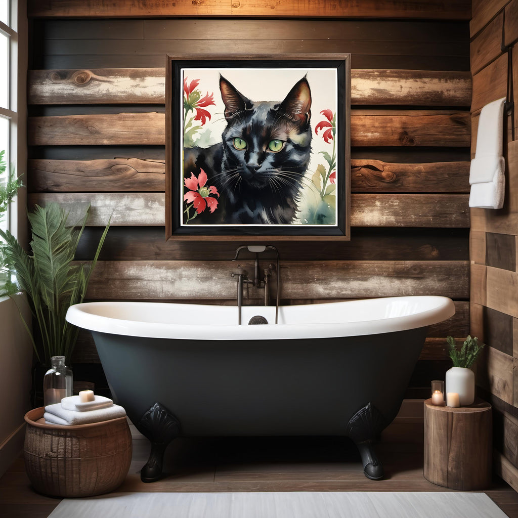 Black Cat Watercolor Print: Green Eyes, Floral Wall Art (Digital Download)