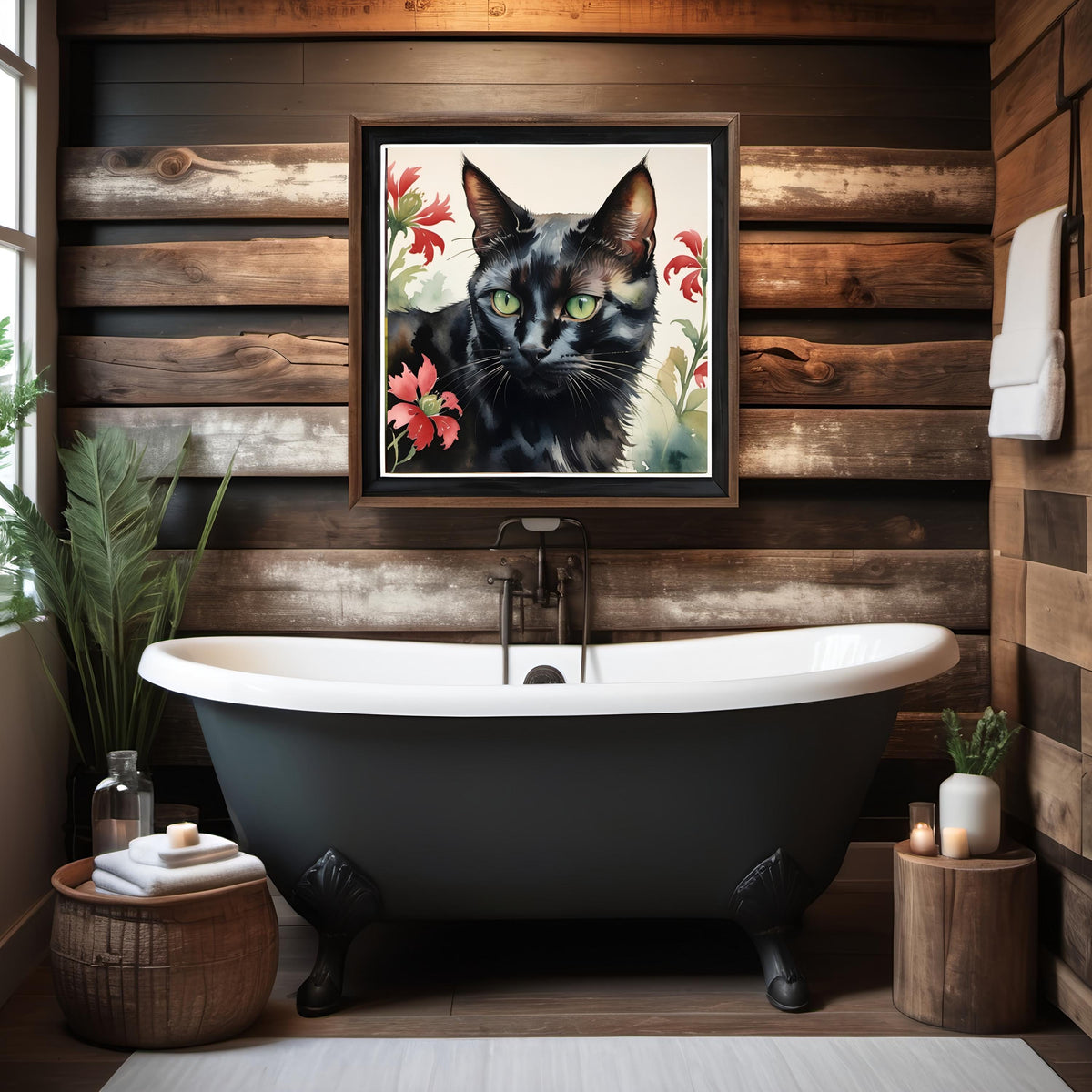 Black Cat Watercolor Print: Green Eyes, Floral Wall Art (Digital Download)