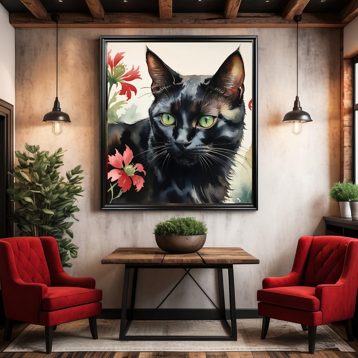 Black Cat Watercolor Print: Green Eyes, Floral Wall Art (Digital Download)