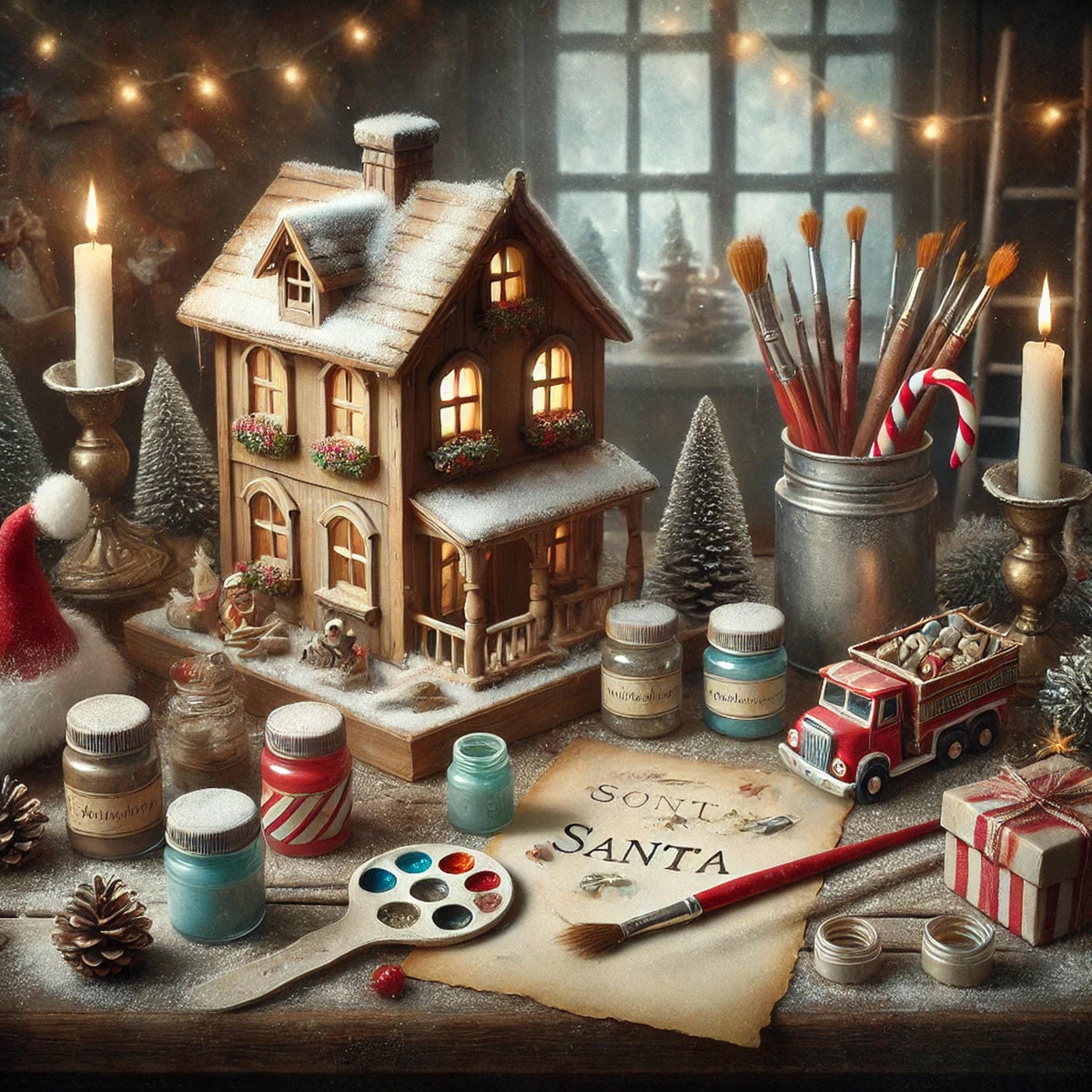 Santa's Workshop Still Life: Vintage Christmas Dollhouse Scene (Digital Print)