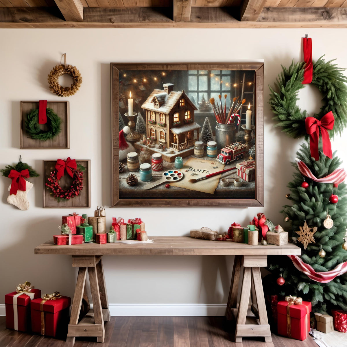 Santa's Workshop Still Life: Vintage Christmas Dollhouse Scene (Digital Print)