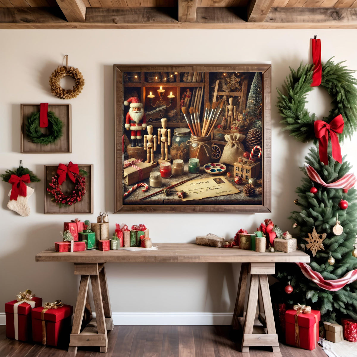 Santa's Workshop Still Life Art Print: Vintage Christmas Toy Scene (Digital Download)