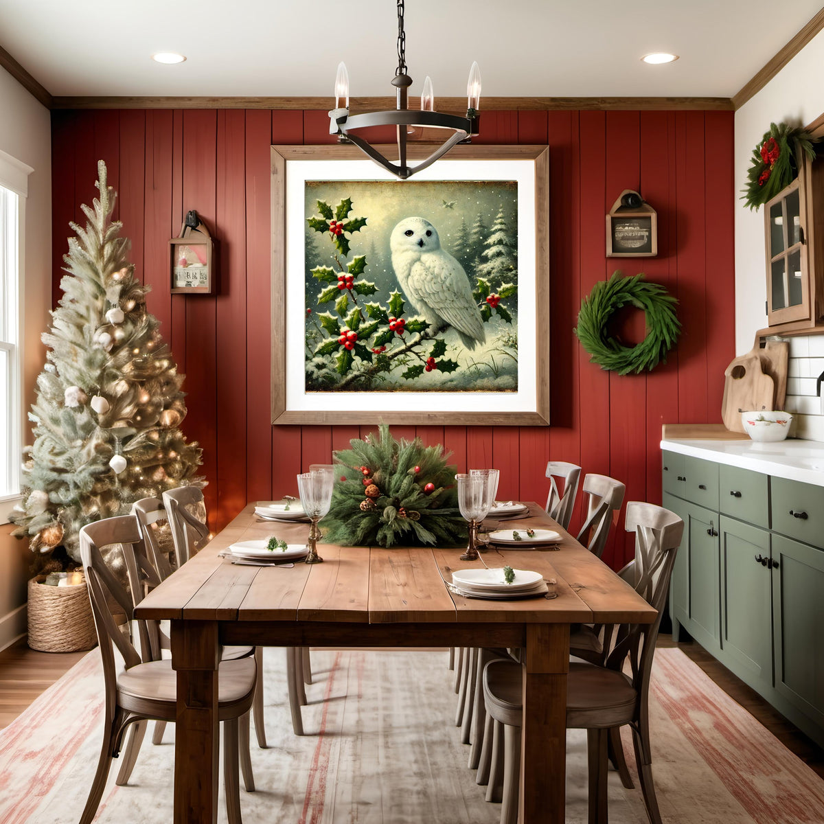 Vintage Snowy Owl Christmas Print: Holly Branch Winter Wall Art (Digital Download)