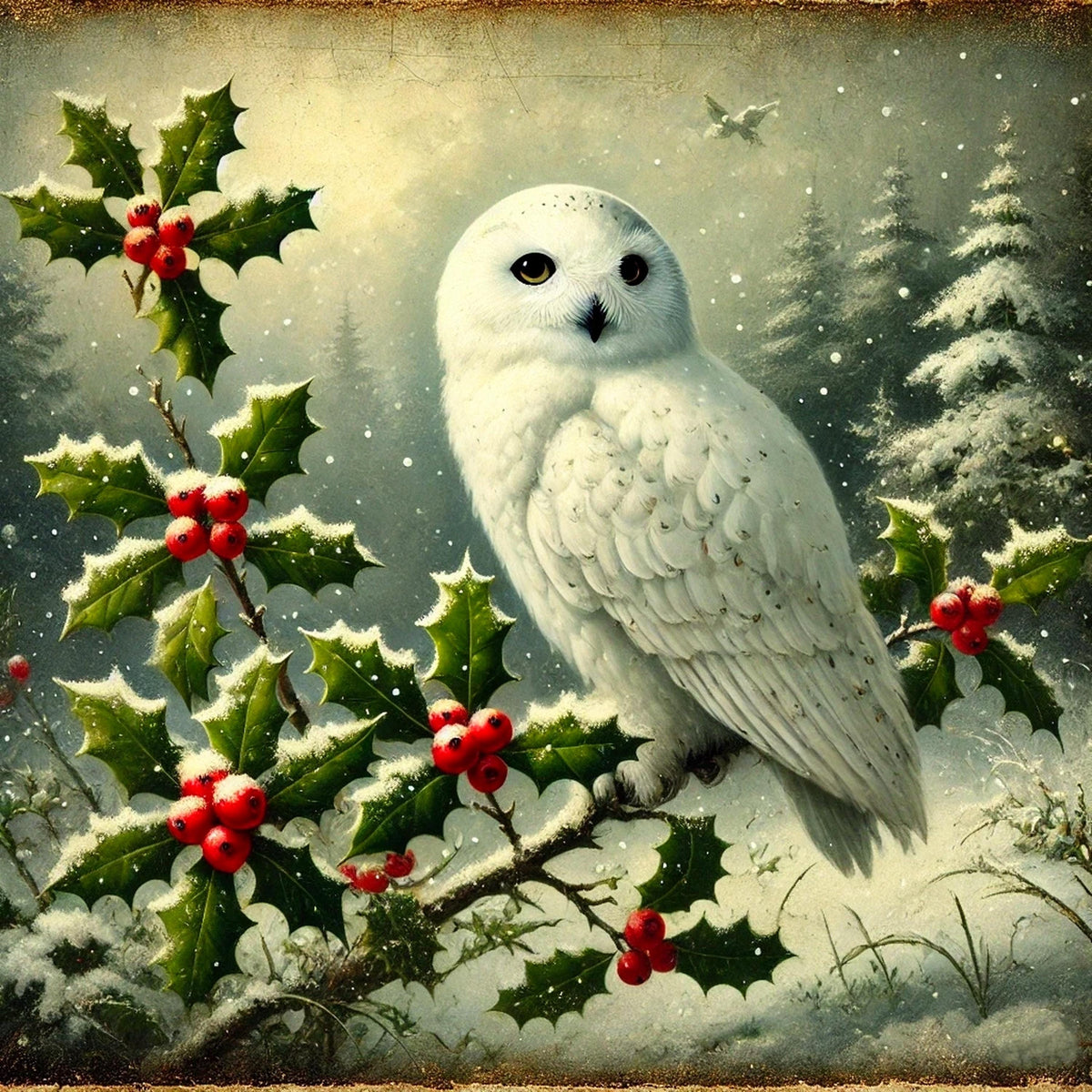Vintage Snowy Owl Christmas Print: Holly Branch Winter Wall Art (Digital Download)