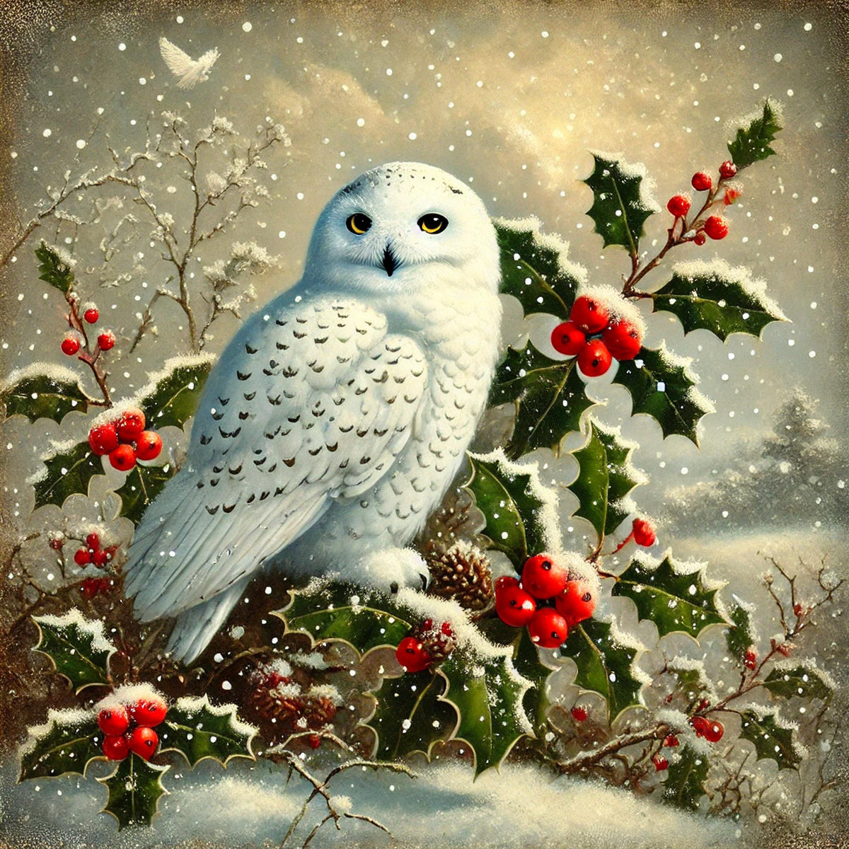 Vintage Snowy Owl Christmas Print: Holly Berry Holiday Art (Digital Download)