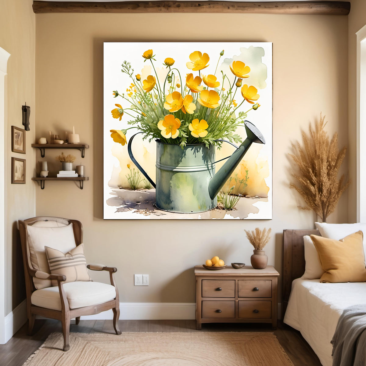 Watercolor Buttercup Flowers Print: Rustic Watering Can Art (Digital Download)