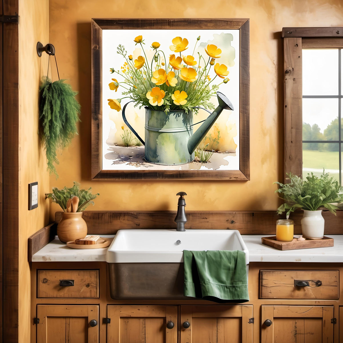 Watercolor Buttercup Flowers Print: Rustic Watering Can Art (Digital Download)