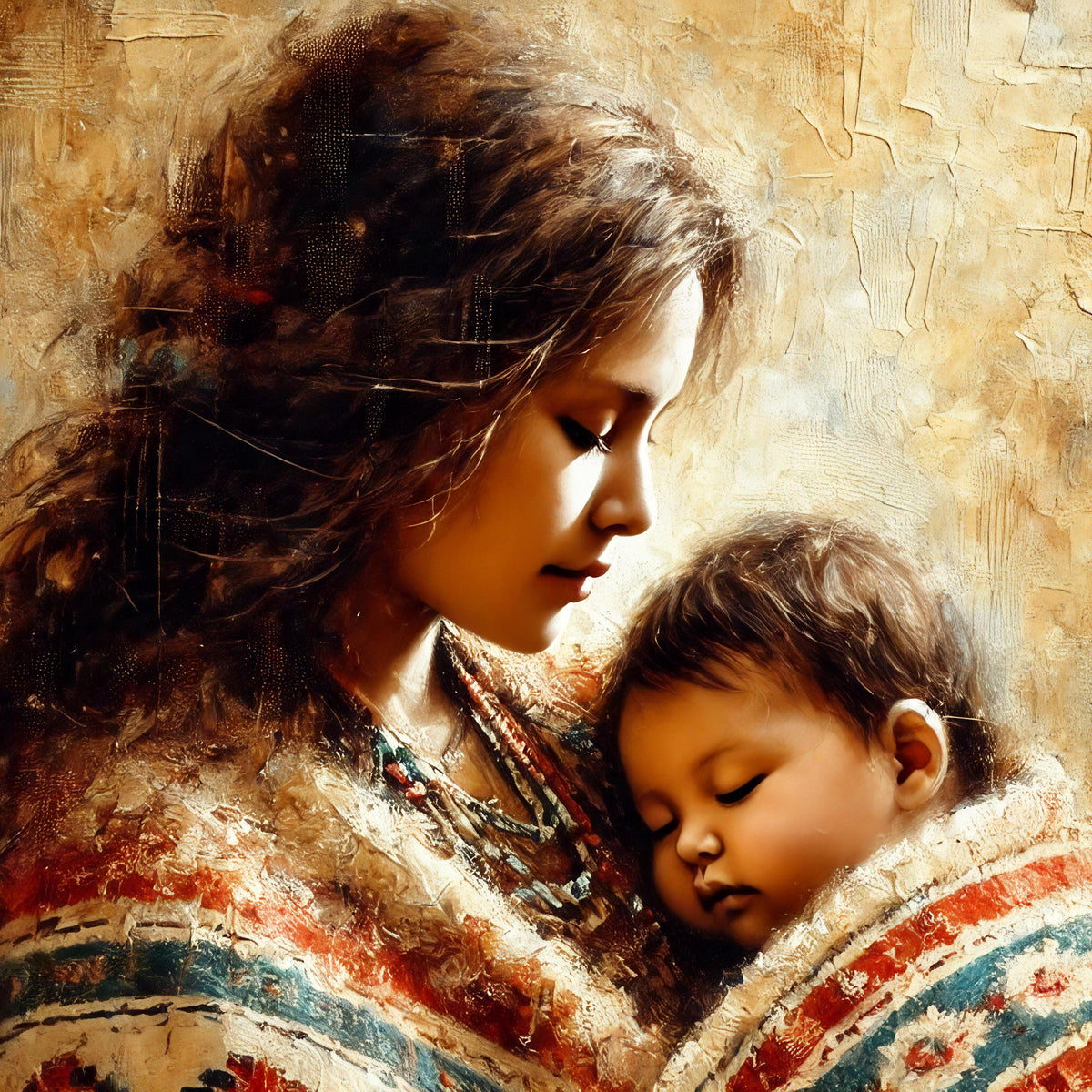 Native American Mother and Child Art Print: Impressionist Home Decor (Digital Download)