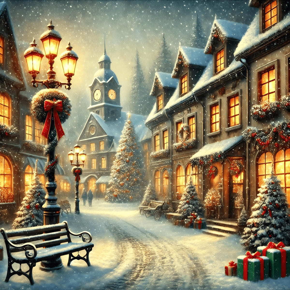 Christmas Village Snowy Scene Print: Holiday Town Winter Wonderland (Digital Download)