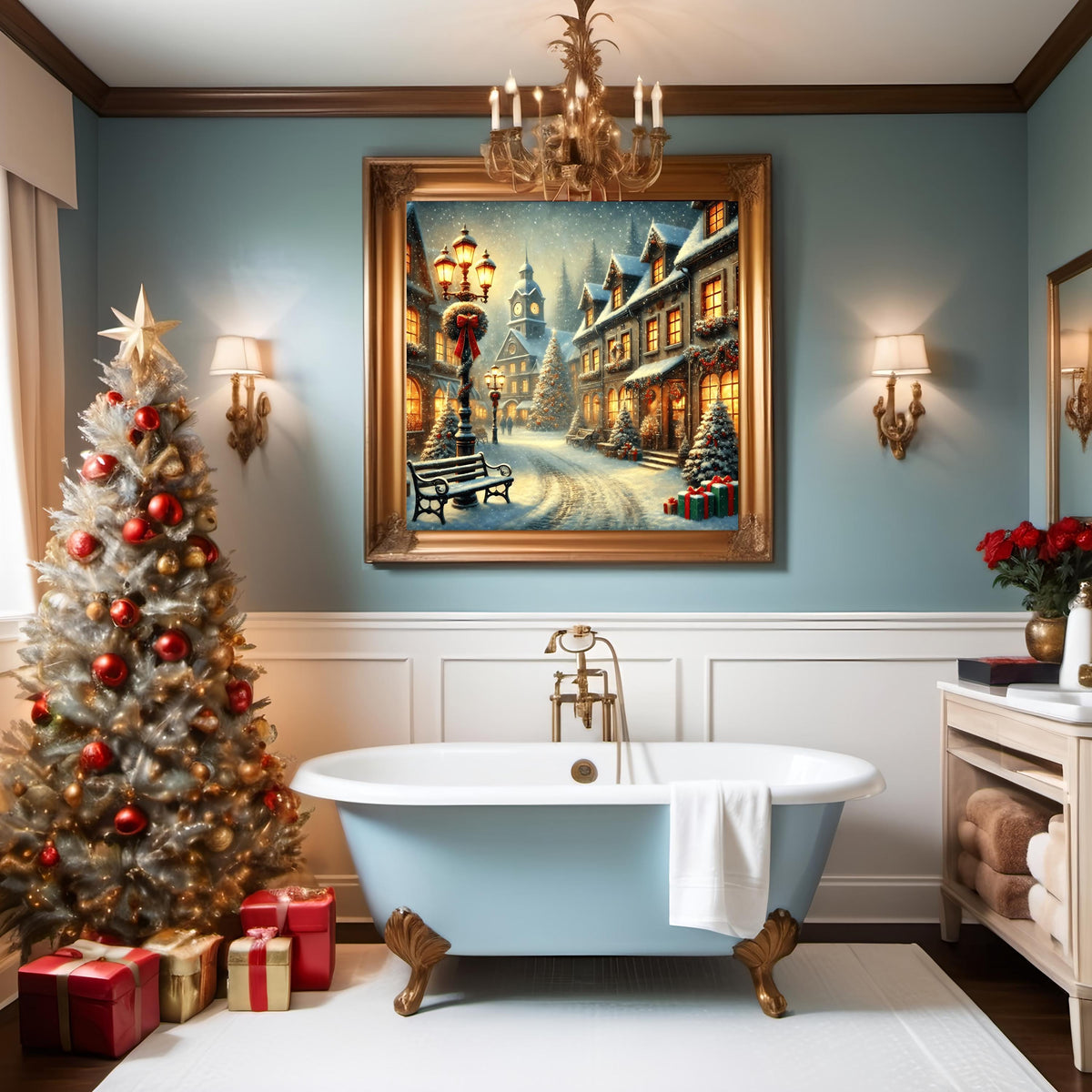 Christmas Village Snowy Scene Print: Holiday Town Winter Wonderland (Digital Download)