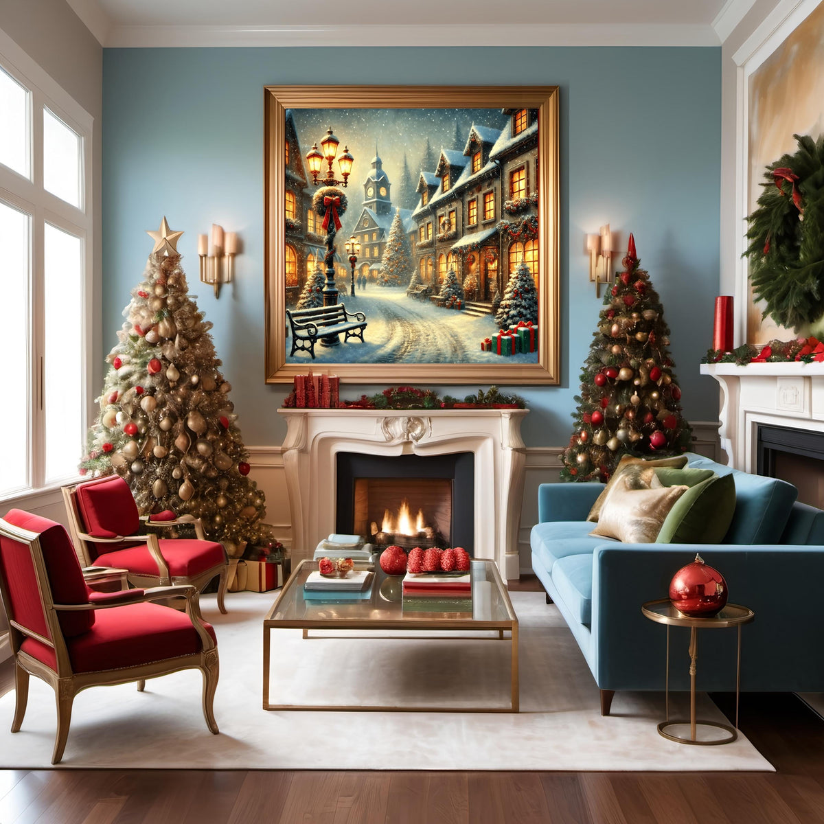 Christmas Village Snowy Scene Print: Holiday Town Winter Wonderland (Digital Download)