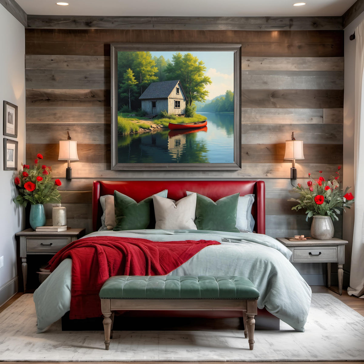 Rustic Fishing Shack Art: Red Canoe Lakeside Print (Digital Download)