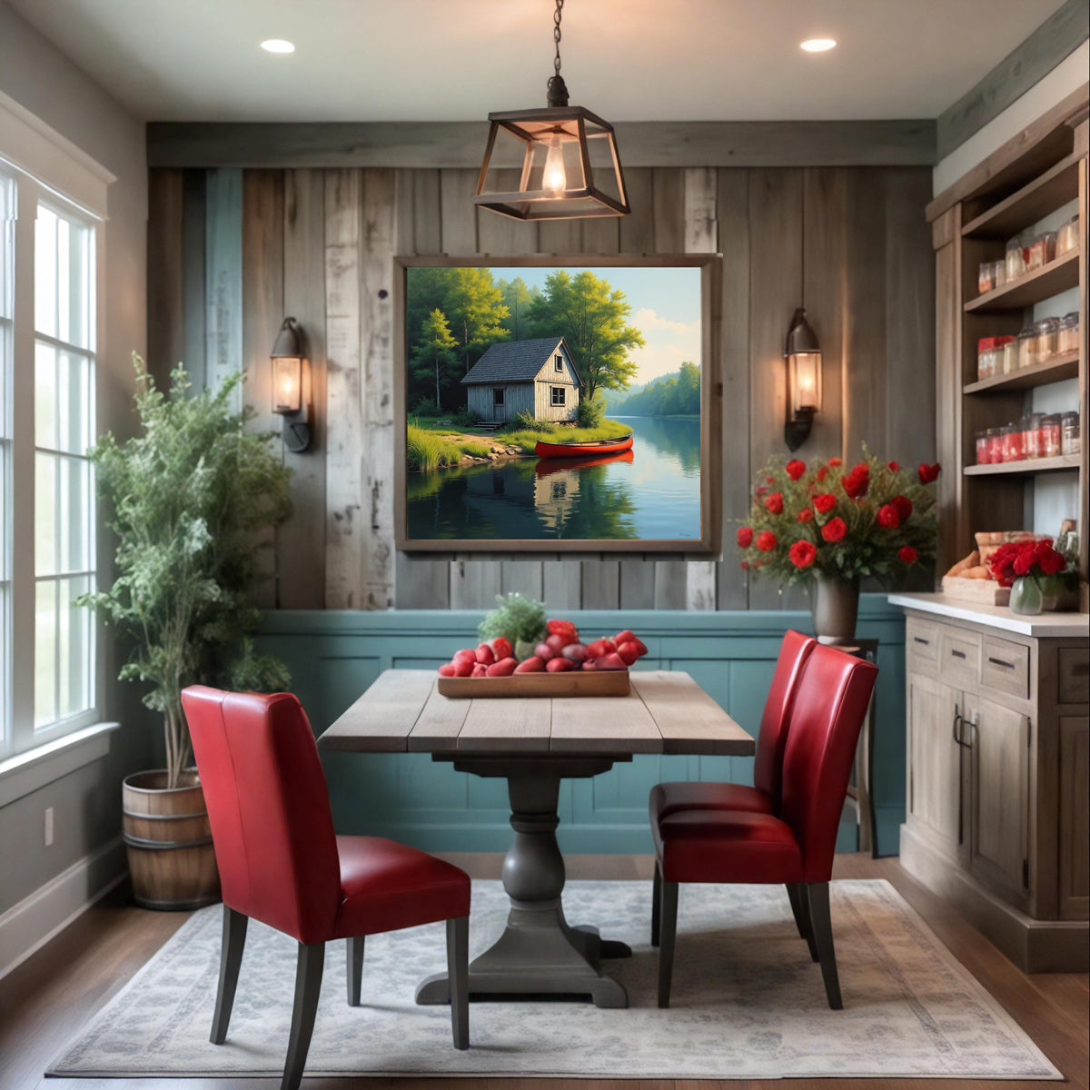Rustic Fishing Shack Art: Red Canoe Lakeside Print (Digital Download)