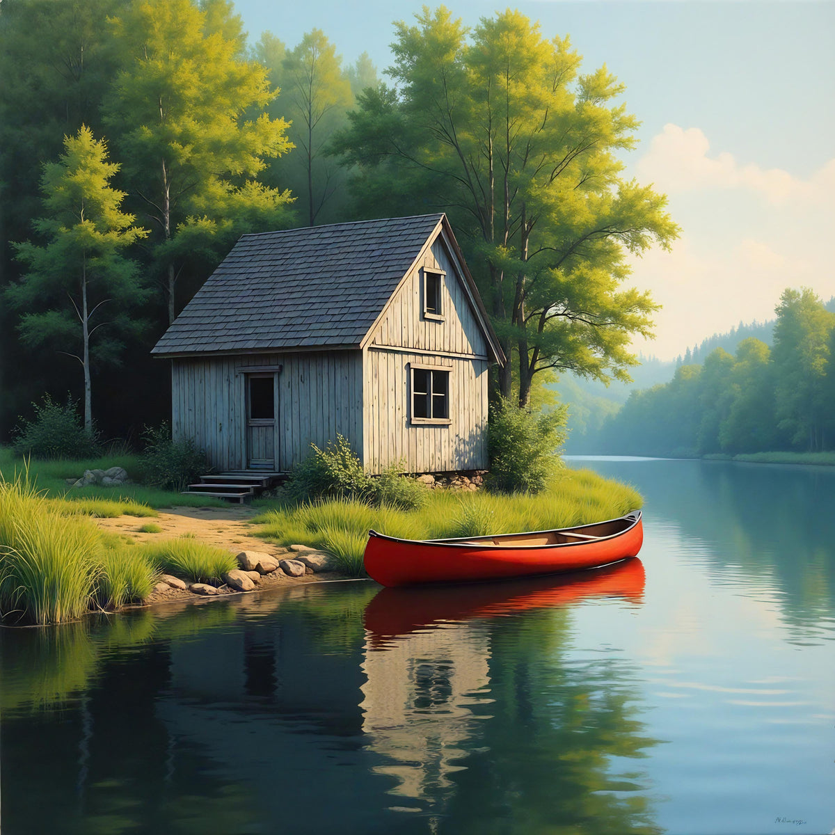 Rustic Fishing Shack Art: Red Canoe Lakeside Print (Digital Download)