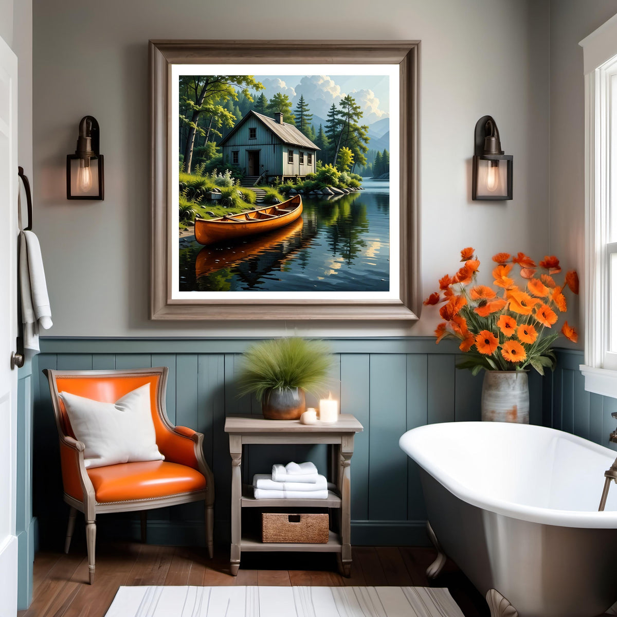 Rustic Fishing Cabin Art: Red Canoe Lakeside Print (Digital Download)