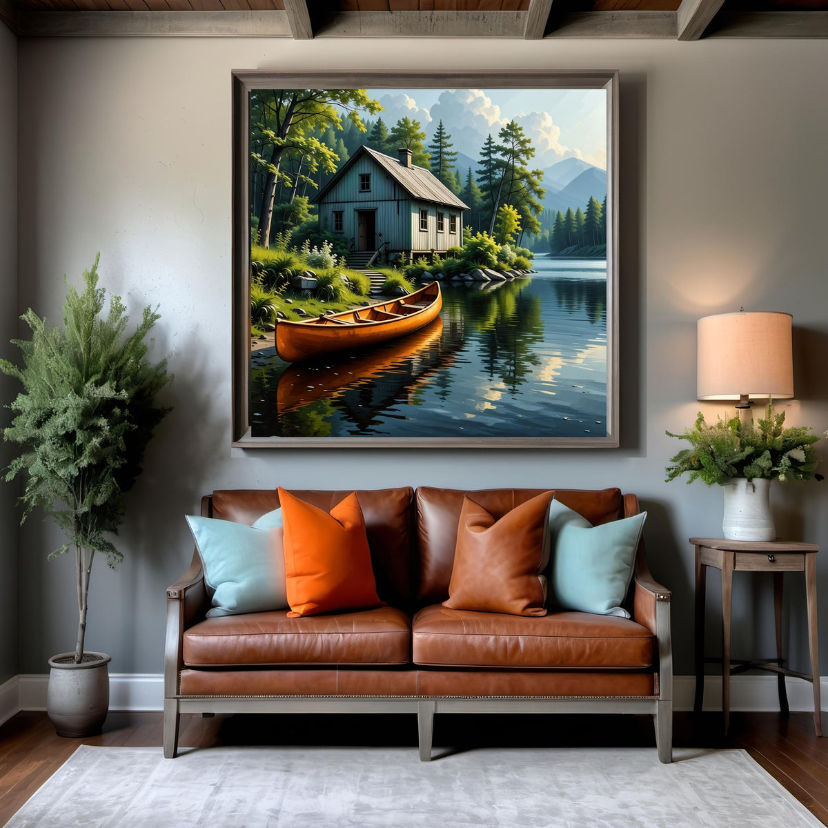 Rustic Fishing Cabin Art: Red Canoe Lakeside Print (Digital Download)