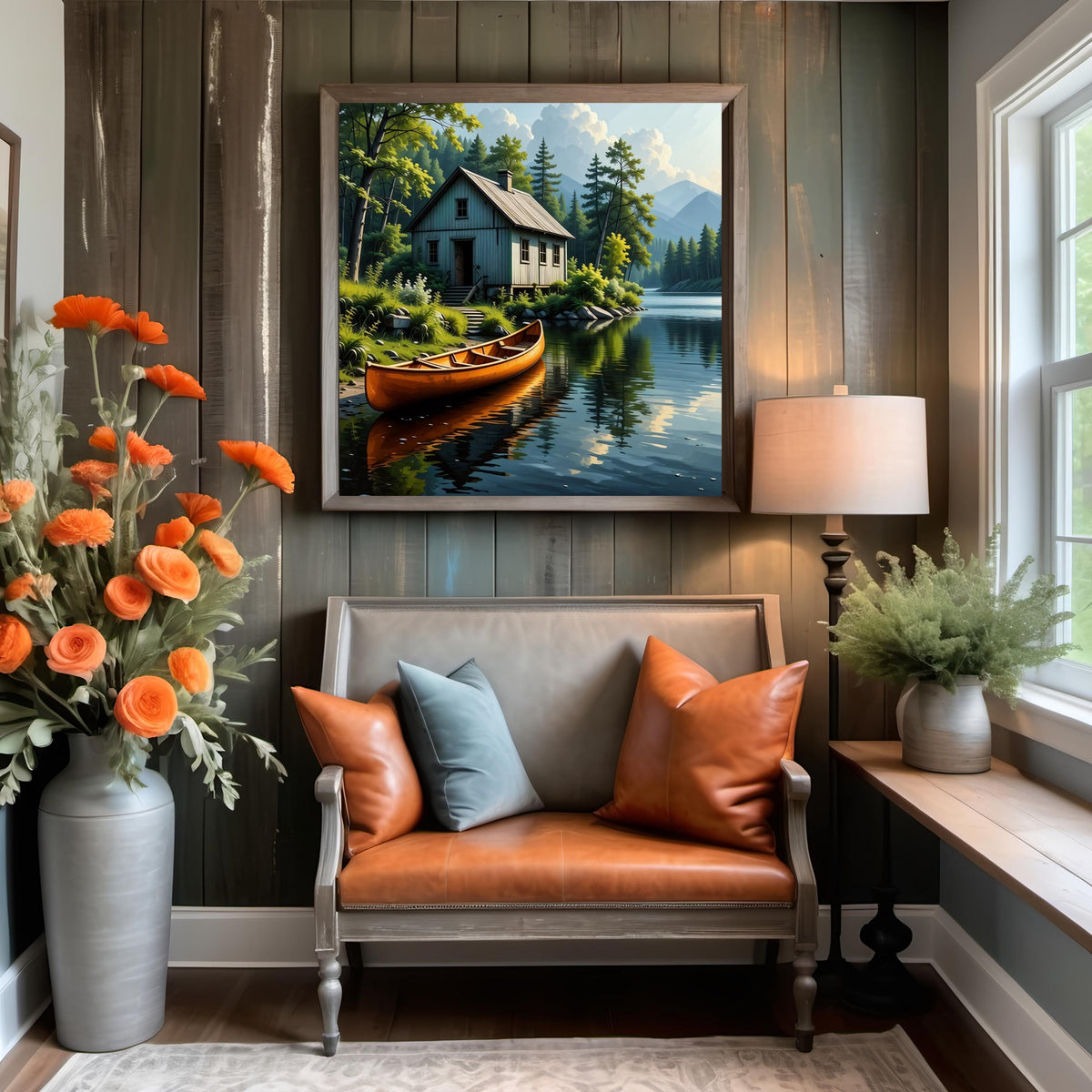 Rustic Fishing Cabin Art: Red Canoe Lakeside Print (Digital Download)
