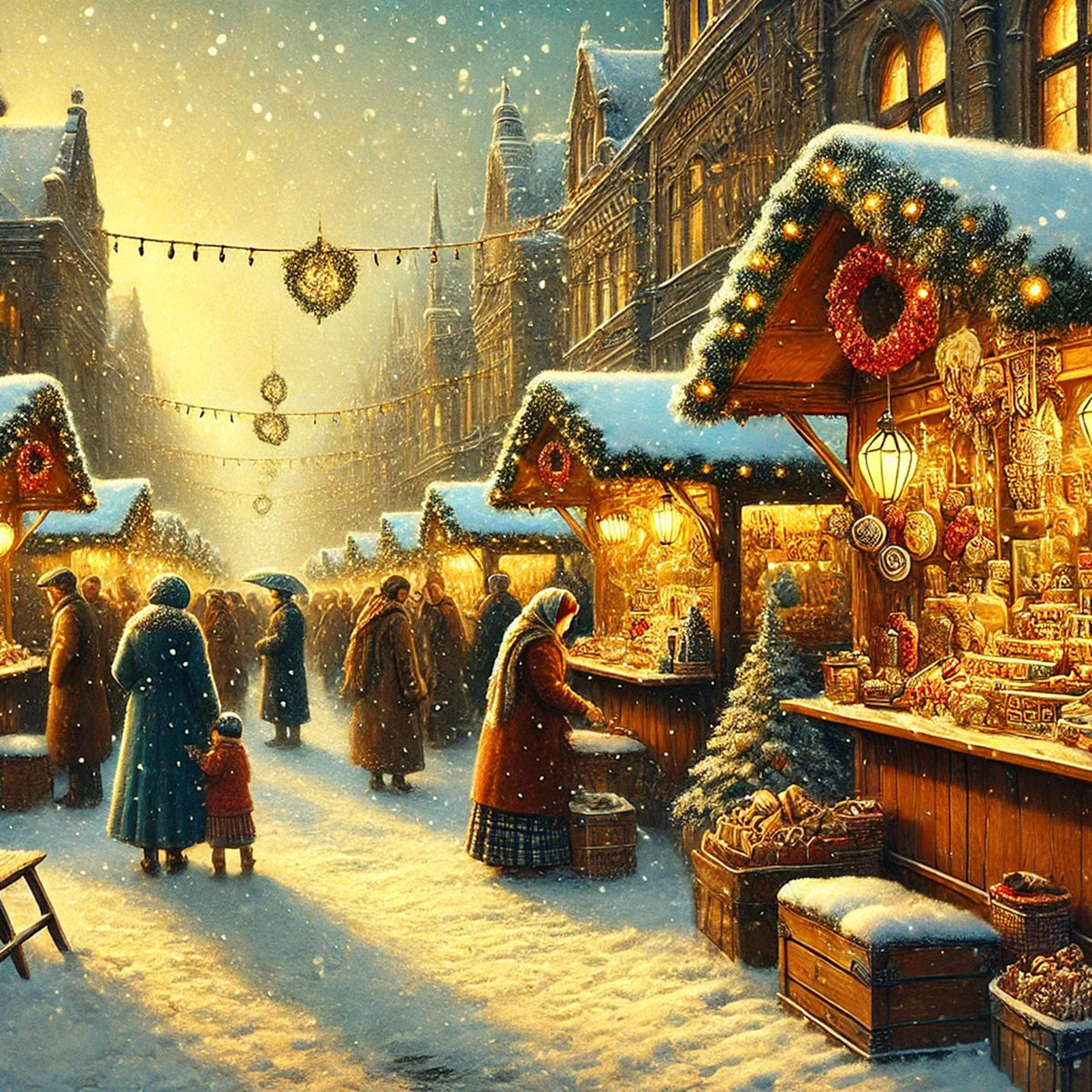 Vintage Christmas Market Scene Art: Festive Winter Village (Digital Print)