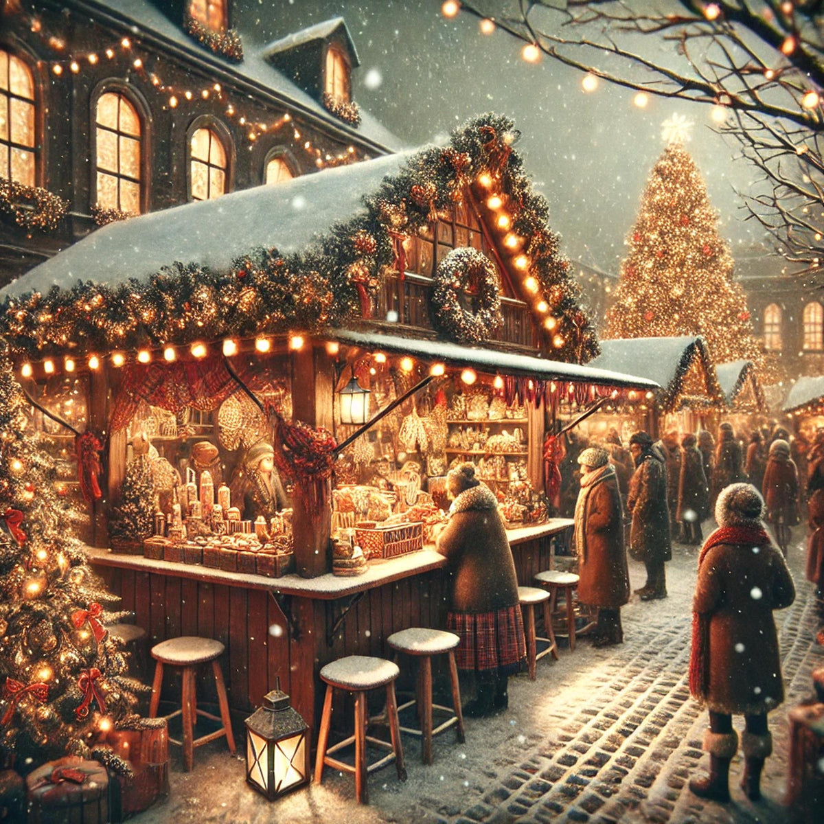 Vintage Christmas Market Scene Art: Festive Winter Village (Digital Print) 2