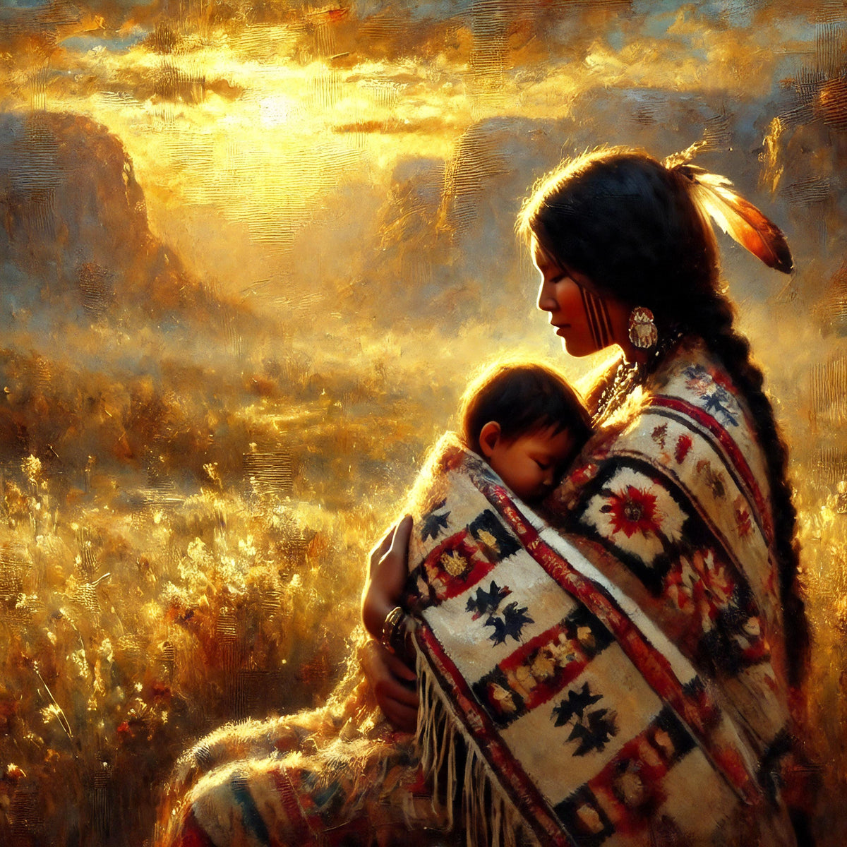 Native American Mother and Child Art Print: Impressionist Cultural Decor (Digital Download)