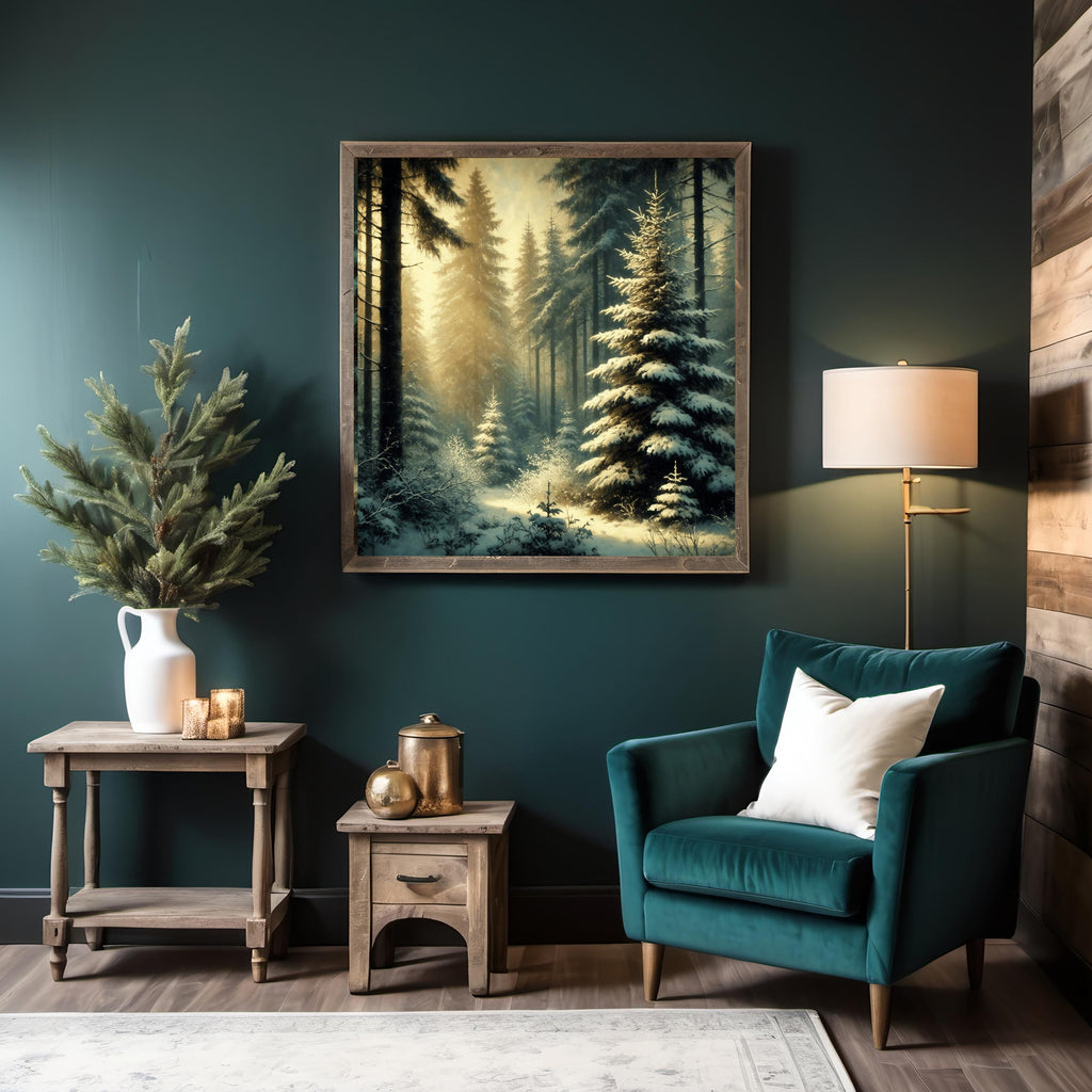 Vintage Snowy Evergreen Forest Print: Serene Winter Landscape (Digital Download)