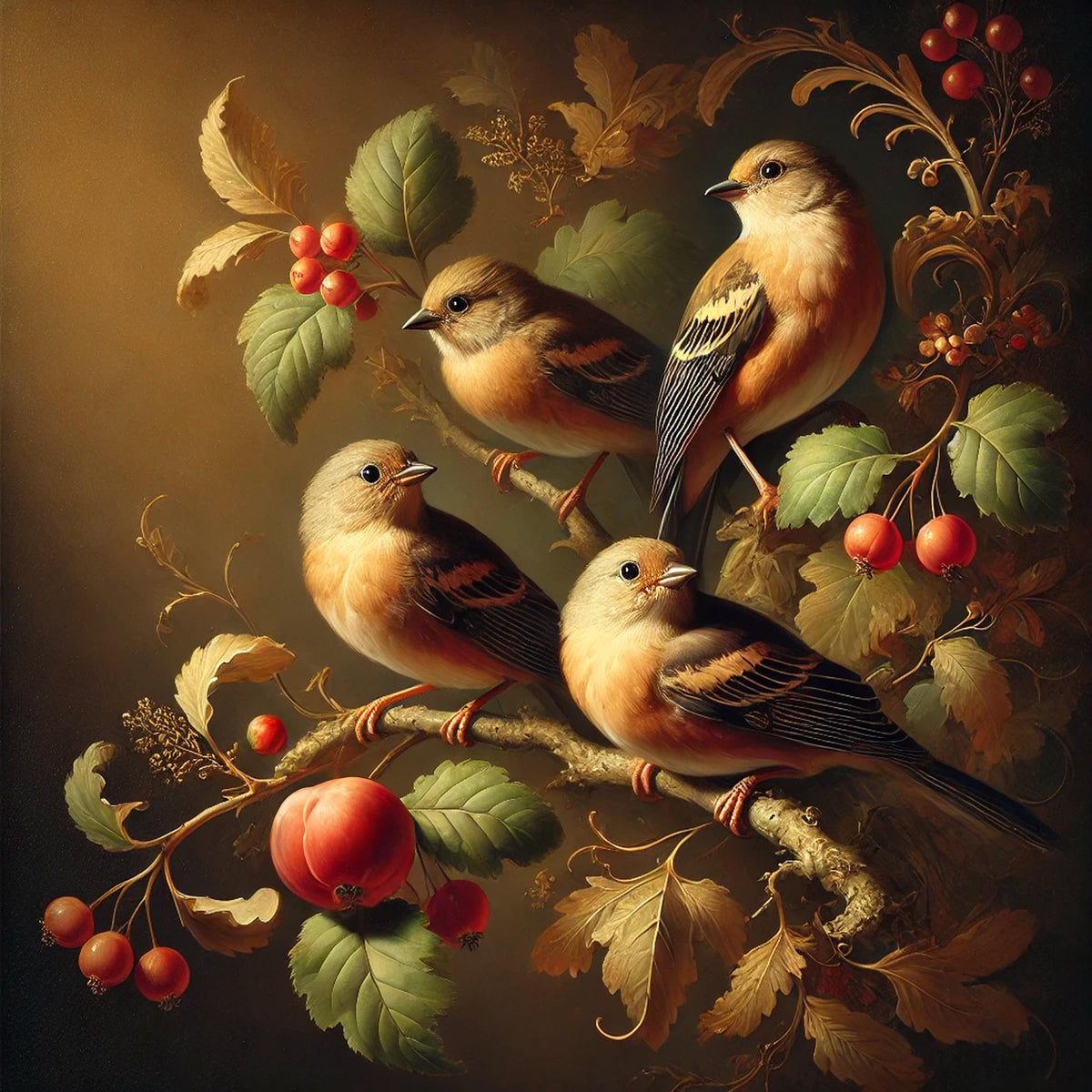 Vintage Bird Botanical Print: Four Calling Birds Wall Art (Digital Download)