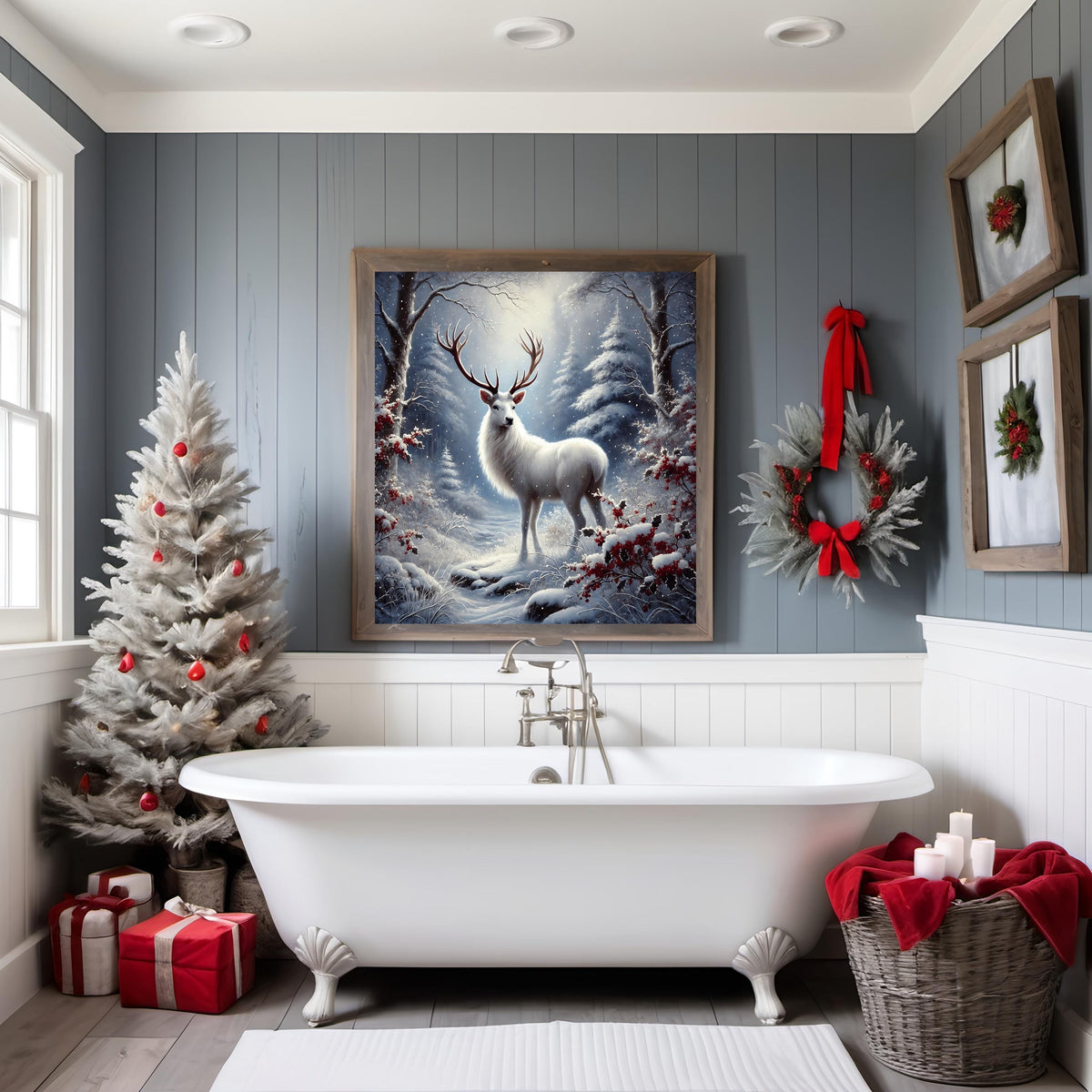White Stag Winter Forest Print: Christmas Wildlife Art (Digital Download)