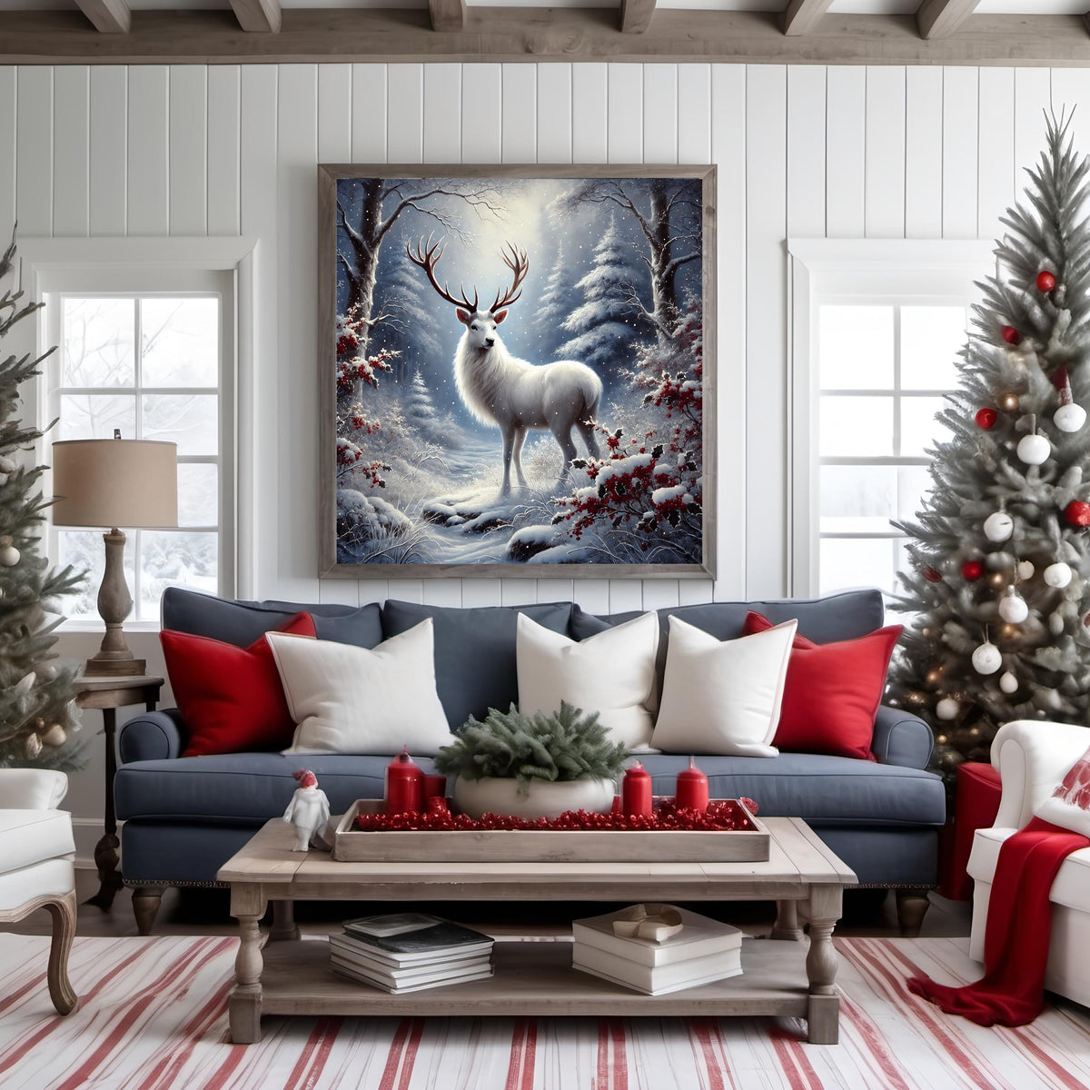 White Stag Winter Forest Print: Christmas Wildlife Art (Digital Download)