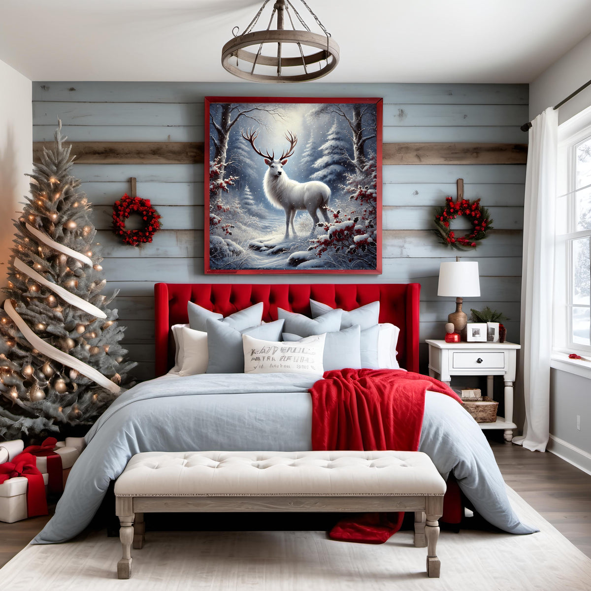 White Stag Winter Forest Print: Christmas Wildlife Art (Digital Download)